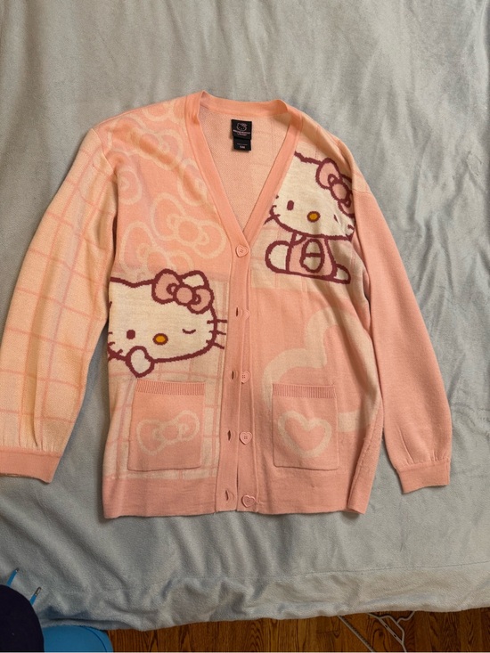 Hello Kitty Sweaters - Hello Kitty Pastel Pink Graphic Button Cardigan Sweater